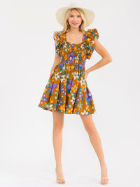WOMEN'S RUFFLE SLEEVES SQUARE NECK SMOCK FLORAL PRINT MINI DRESS