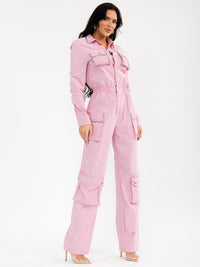 WOMEN'S LONG SLEEVES BUTTON UP CARGO POCKETS ELASTIC WAIST WIDE LEG JUMPSUIT