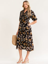 WOMEN'S SHORT SLEEVE FRONT POCKETS BUTTON UP ELASTIC WAIST FLORAL PRINT MIDI DRESS