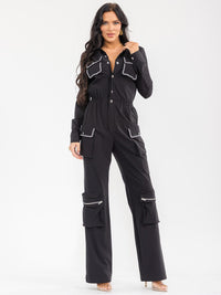 WOMEN'S LONG SLEEVES BUTTON UP CARGO POCKETS ELASTIC WAIST WIDE LEG JUMPSUIT