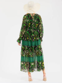 WOMEN'S LONG SLEEVES V-NECK ELASTIC WAIST FLORAL PRINT MAXI DRESS