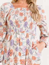 WOMEN'S LONG SLEEVE SMOCK FRONT POCKETS FLORAL PRINT MINI DRESS