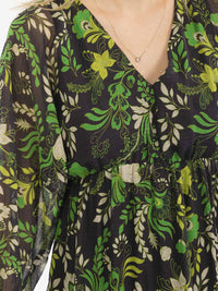 WOMEN'S LONG SLEEVES V-NECK ELASTIC WAIST FLORAL PRINT MAXI DRESS