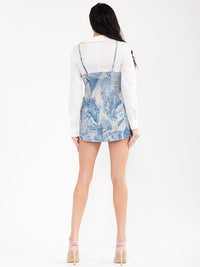 WOMEN'S LONG SLEEVE ZIP UP FRONT POCKETS BODYCON DENIM CONTRAST MINI DRESS