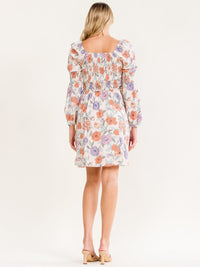 WOMEN'S LONG SLEEVE SMOCK FRONT POCKETS FLORAL PRINT MINI DRESS