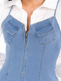 WOMEN'S LONG SLEEVE ZIP UP FRONT POCKETS BODYCON DENIM CONTRAST MINI DRESS