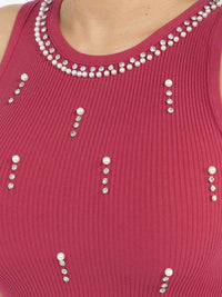 WOMEN'S SLEEVELESS PEARL STUDS RIBBED TANK TOP