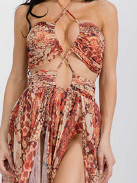 WOMEN'S SLEEVELESS NECK TIE OPEN SNAKE ZEBRA PRINT MAXI DRESS