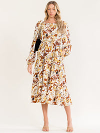 WOMEN'S LONG SLEEVE ELASTIC WAIST FRONT POCKETS FLORAL PRINT MIDI DRESS