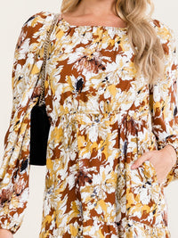 WOMEN'S LONG SLEEVE ELASTIC WAIST FRONT POCKETS FLORAL PRINT MIDI DRESS