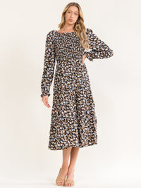 WOMEN'S LONG SLEEVE SMOCK FLORAL PRINT MIDI DRESS