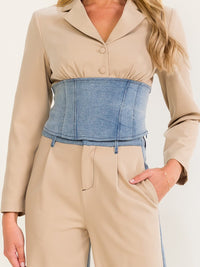 WOMEN'S LONG SLEEVE TOP & BUTTON CLOSURE STRAIGHT LEG PANTS DENIM CONTRAST 2PC. SET