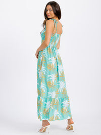 WOMEN'S SLEEVELESS V-NECK SMOCK LEAF PRINT MAXI DRESS
