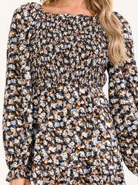 WOMEN'S LONG SLEEVE SMOCK FLORAL PRINT MIDI DRESS