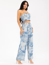 WOMEN'S SLEEVELESS CROP TOP & BUTTON CLOSURE PANTS DENIM PRINT 2PC. SET