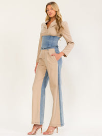 WOMEN'S LONG SLEEVE TOP & BUTTON CLOSURE STRAIGHT LEG PANTS DENIM CONTRAST 2PC. SET