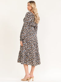 WOMEN'S LONG SLEEVE SMOCK FLORAL PRINT MIDI DRESS