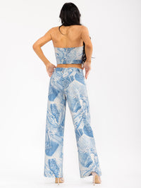 WOMEN'S SLEEVELESS CROP TOP & BUTTON CLOSURE PANTS DENIM PRINT 2PC. SET