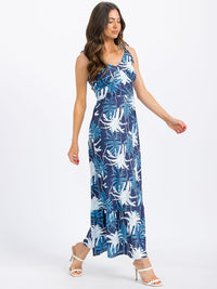 WOMEN'S SLEEVELESS V-NECK SMOCK LEAF PRINT MAXI DRESS
