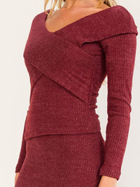 WOMEN'S LONG SLEEVE SURPLICE RIBBED BLOUSE