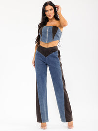 WOMEN'S SLEEVELESS CROP TOP & ELASTIC WAIST PANTS DENIM CONTRAST 2PC. SET