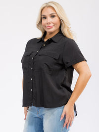 PLUS SIZE SHORT SLEEVE BUTTON UP FRONT POCKETS BLOUSE