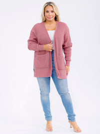 PLUS SIZE LONG SLEEVE FRONT POCKETS OPEN FRONT KNITTED CARDIGAN