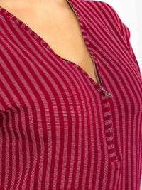 PLUS SIZE SHORT SLEEVE V-NECK ZIP UP STRIPES BLOUSE
