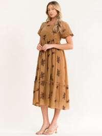 WOMEN'S SHORT PUFF SLEEVE EMBROIDERY DETAILED MAXI DRESS