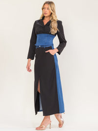 WOMEN'S LONG SLEEVE TOP & BUTTON CLOSURE MAXI SKIRT DENIM CONTRAST 2PC. SET