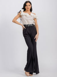 WOMEN'S OFF SHOULDER FRONT POCKETS BELTED FLOWER BELL LEG JUMPSUIT