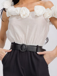 WOMEN'S OFF SHOULDER FRONT POCKETS BELTED FLOWER BELL LEG JUMPSUIT