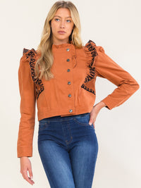 WOMEN'S LONG SLEEVE BUTTON UP RUFFLE EMBROIDERY DETAILED JACKET