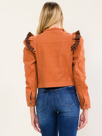 WOMEN'S LONG SLEEVE BUTTON UP RUFFLE EMBROIDERY DETAILED JACKET