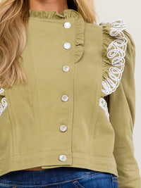 WOMEN'S LONG SLEEVE BUTTON UP RUFFLE EMBROIDERY DETAILED JACKET