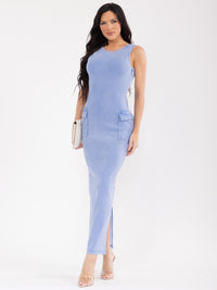 WOMEN'S SLEEVELESS OPEN BACK SLIT CARGO POCKETS BODYCON MAXI DRESS