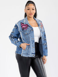 WOMEN'S LONG SLEEVE BUTTON CLOSURE FRONT POCKETS GRAPHIC DENIM JACKET