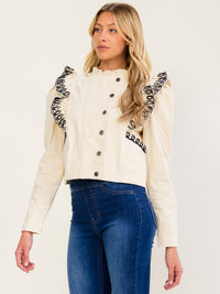 WOMEN'S LONG SLEEVE BUTTON UP RUFFLE EMBROIDERY DETAILED JACKET
