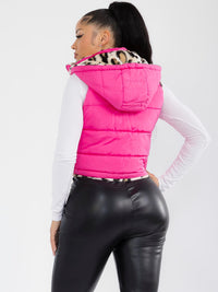 WOMEN'S ZIPPER CLOSURE FRONT POCKETS REMOVABLE HOODIE SHERPA ANIMAL PRINT REVERSIBLE VEST
