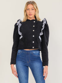 WOMEN'S LONG SLEEVE BUTTON UP RUFFLE EMBROIDERY DETAILED JACKET