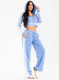 WOMEN'S HOODED CROP SWEATER & ELASTIC WAIST PANTS CONTRAST COLORBLOCK 2PC. SET