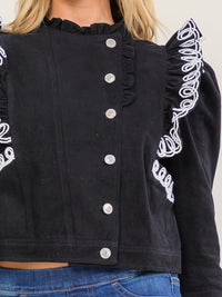 WOMEN'S LONG SLEEVE BUTTON UP RUFFLE EMBROIDERY DETAILED JACKET