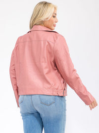 PLUS SIZE LONG SLEEVE ZIPPER CLOSURE FRONT POCKETS PU PLEATHER JACKET