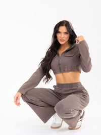 WOMEN'S HOODED CROP SWEATER & ELASTIC WAIST PANTS WASHED 2PC. SET