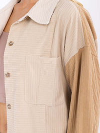 WOMEN'S LONG SLEEVE BUTTON CLOSURE POCKET COLORBLOCK CORDUROY SHACKET