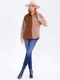 WOMEN'S LONG SLEEVE BUTTON CLOSURE POCKET COLORBLOCK CORDUROY SHACKET
