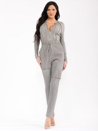 WOMEN'S LONG SLEEVE ZIP UP POCKETS RIBBED SKINNY LEG JUMPSUIT