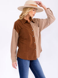 WOMEN'S LONG SLEEVE BUTTON CLOSURE POCKET COLORBLOCK CORDUROY SHACKET