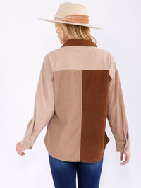 WOMEN'S LONG SLEEVE BUTTON CLOSURE POCKET COLORBLOCK CORDUROY SHACKET