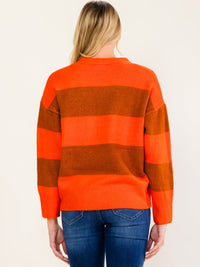 WOMEN'S LONG SLEEVE V-NECK BUTTON UP COLORBLOCK STRIPES SWEATER